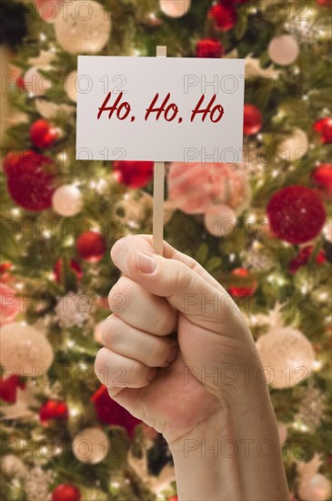 Hand holding ho ho ho card in front of decorated christmas tree