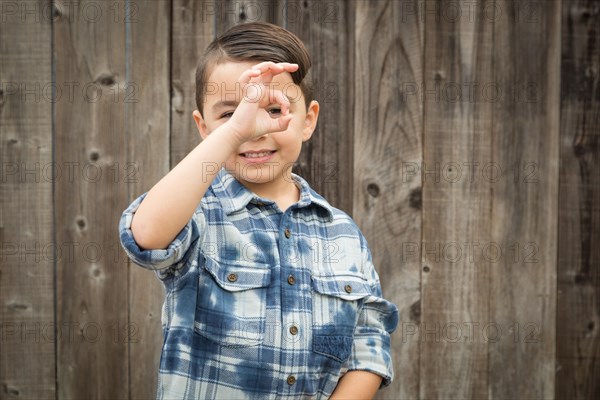 Happy young mixed-race boy making okay hand gesture