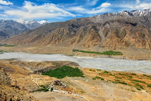 Aerial view of Spiti valley and Key aka Ki gompa Buddhist monastery in Himalayas