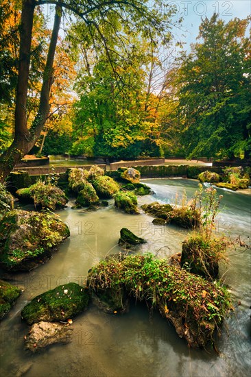 Munich English garden Englischer garten park and Eisbach river with artificial waterfall