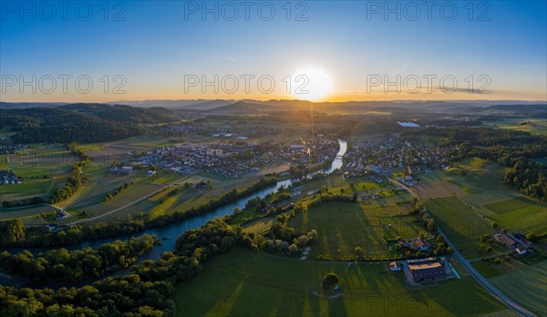 Aerial view at sunset over the town of Mellingen in the Reuss Valley