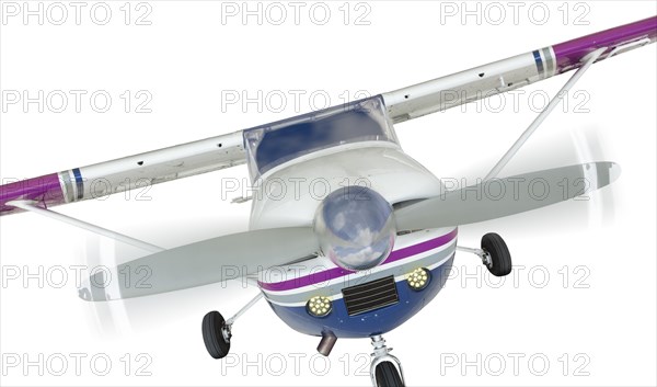 The front of A cessna 172 single propeller airplane isolated on A white background