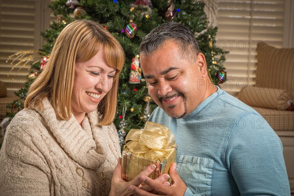 Happy young mixed-race couple with present near christmas tree