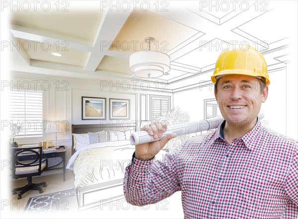 Smiling contractor in hard hat with roll of plans over custom bedroom drawing and photo combination