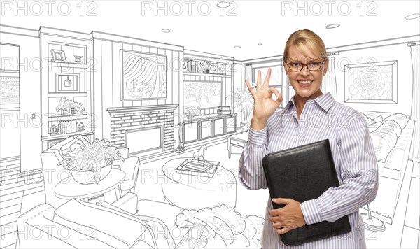 Woman with okay sign over custom bedroom drawing