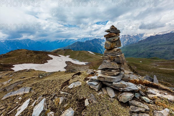 Stone cairn in Himalayas. Near Manali