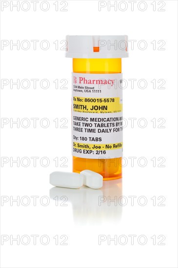 Non-Proprietary medicine prescription bottle and pills isolated on a white background