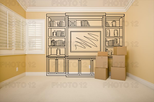 Moving boxes in empty room with shelf design drawing on the wall