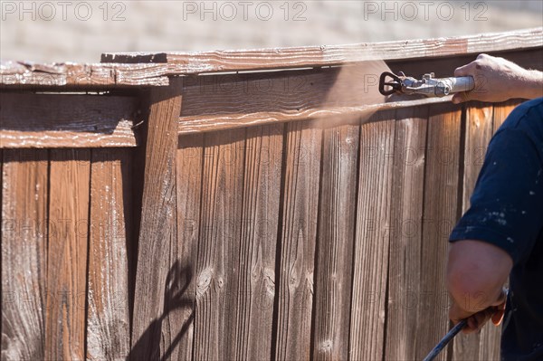 Professional painter spraying house yard fence with wood stain