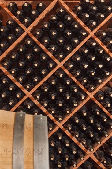 Several varietal wine bottles and barrel age inside dark cellar