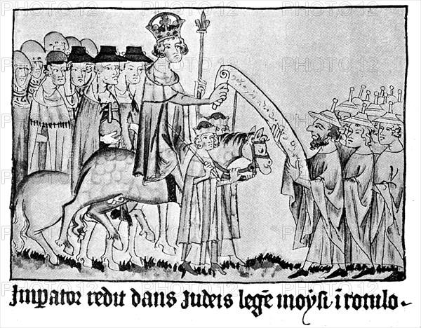 Henry VII receives a deputation of Jews after his coronation. According to the Pope's decree of 1119