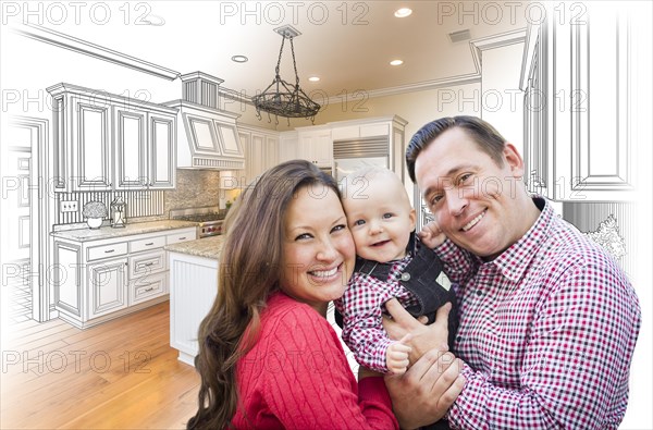 Happy young family over custom kitchen design drawing and photo combination