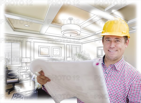 Smiling contractor in hard hat with roll of plans over custom bedroom drawing and photo combination