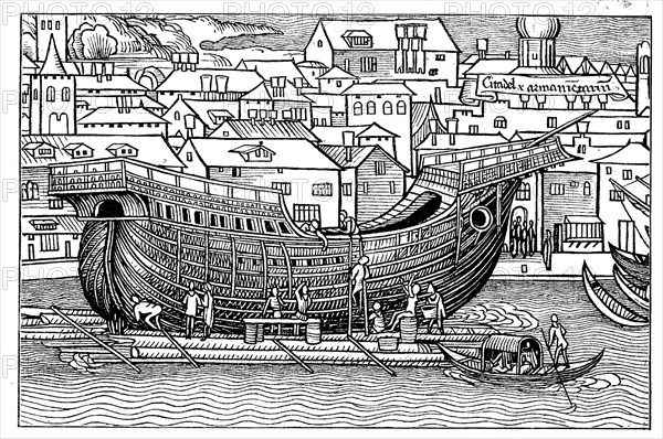 A large seagoing ship under construction of the Hanseatic League of Cities in the 15th century
