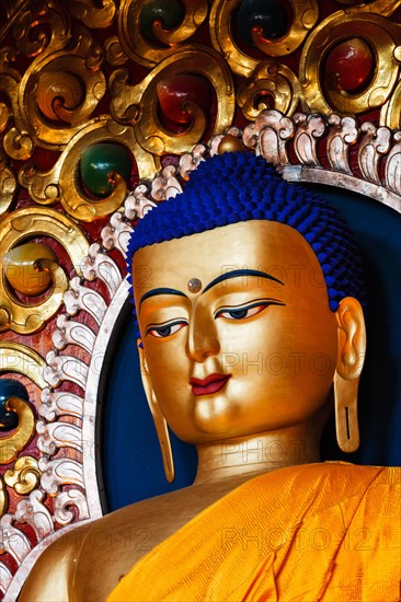 Gilded statue of Sakyamuni Buddha in Buddhist Tsuglagkhang temple gompa. McLeod Ganj