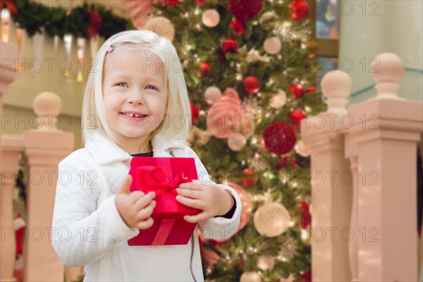 Happy young girl holding gift box in front of decorated christmas tree