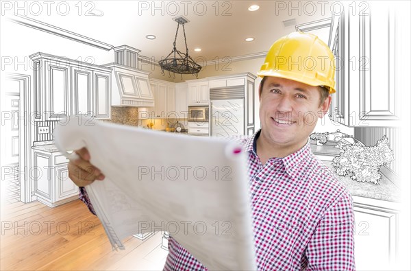 Smiling contractor holding blueprints over custom kitchen drawing and photo combination