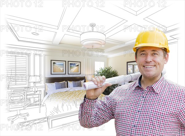 Smiling contractor in hard hat with roll of plans over custom bedroom drawing and photo combination