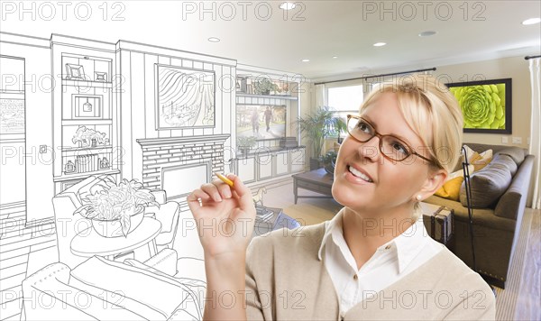 Woman with pencil over living room design drawing and photo combination