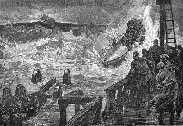 A lifeboat is launched in heavy seas