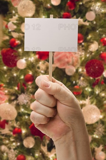 Hand holding blank card in front of decorated christmas tree