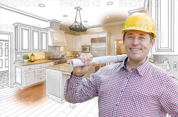 Smiling contractor in hard hat with roll of plans over custom kitchen drawing and photo combination