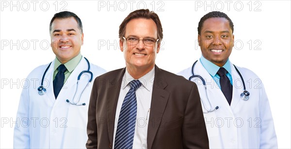 Two mixed-race doctors behind businessman isolated on a white background