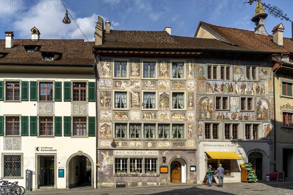 House facades on the town hall square with old historic painted houses