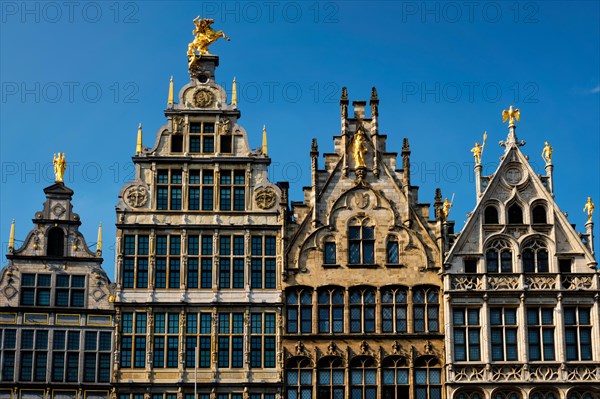 Antwerp row of 16th century old houses Monumental Guildhouses facades on Grote Markt square. Antwerp