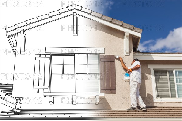 Split screen of drawing and photo of busy house painter painting home
