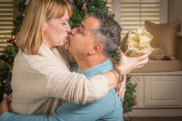 Happy young mixed-race couple with present near christmas tree