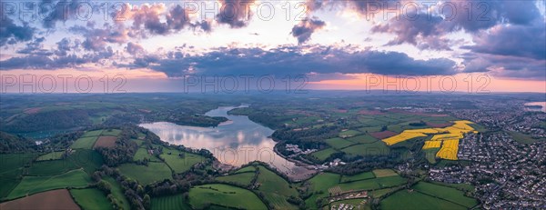 Sunset over Devon Fields and Farmlands from a drone