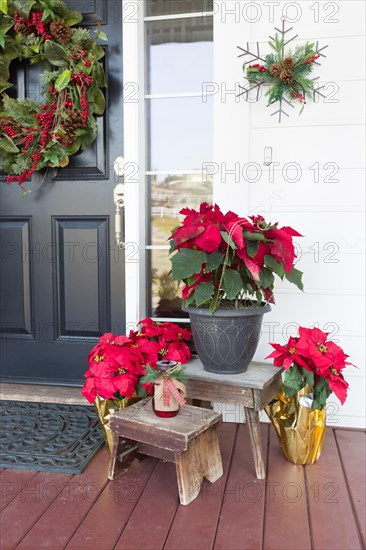 Christmas decorations at front door of house