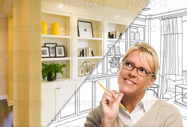 Young woman over custom built-in shelves and cabinets design drawing to cross section of finished photo