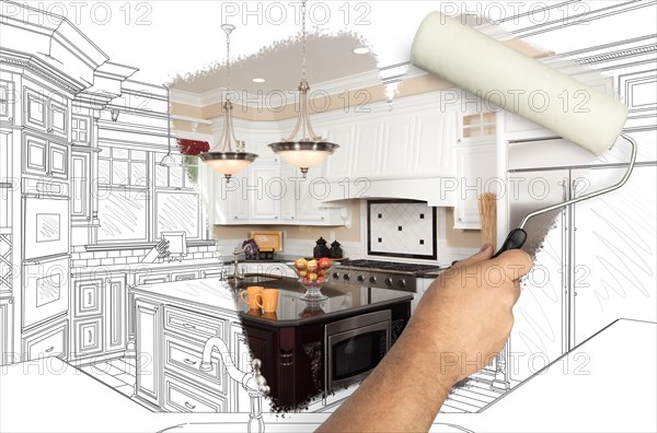 Before and after of man painting roller to reveal newly remodeled kitchen under pencil drawing plans