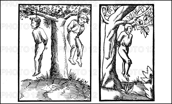 Criminals caught in the act by the Schoeffen and hanged on a tree