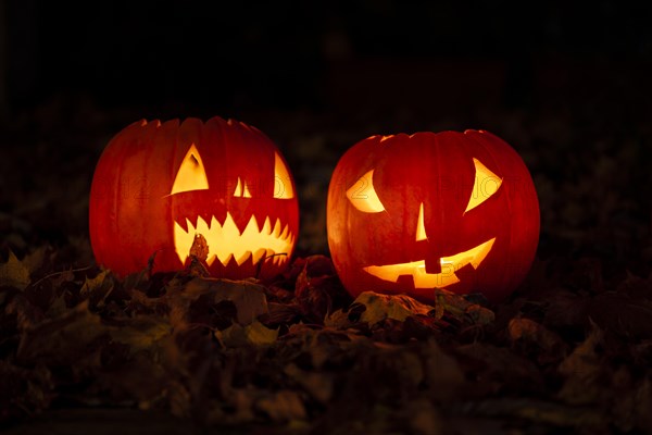 Glowing pumpkins at night