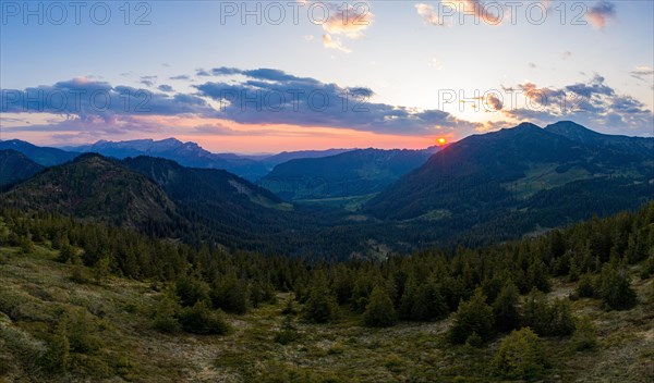 Aerial view over Trogenegg in the Glaubenberg region at sunset