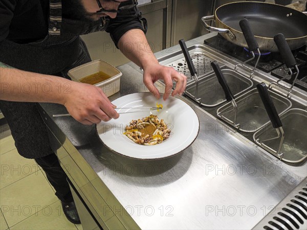 Chef plating pan cooked flambe atlantic squid with potato rich sauce cream reduction