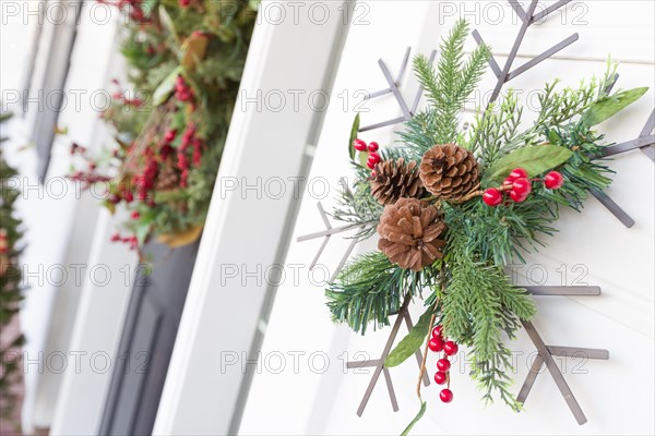 Christmas decorations at front door of house