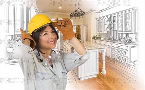 Pretty hispanic woman in hard hat and gloves with kitchen drawing and photo gradation behind