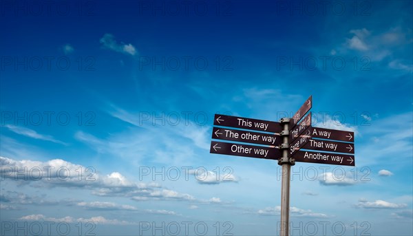 Signpost with directional signs in sky with clouds