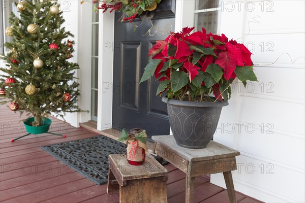 Christmas decorations at front door of house