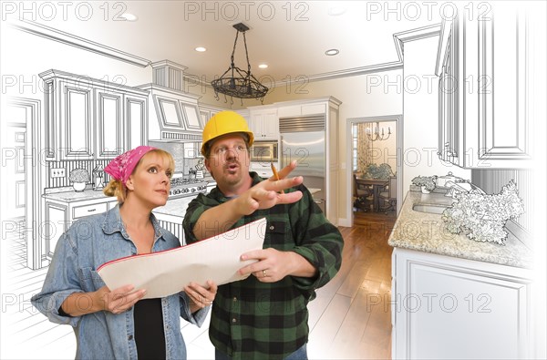 Contractor talking with customer over custom kitchen drawing and photo combination