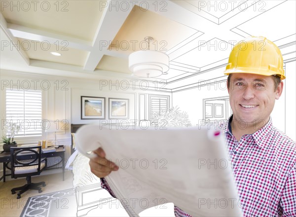 Smiling contractor in hard hat with roll of plans over custom bedroom drawing and photo combination