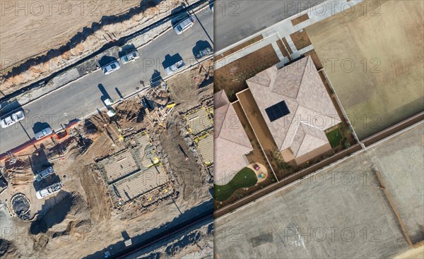 Drone aerial view cross section of home construction site