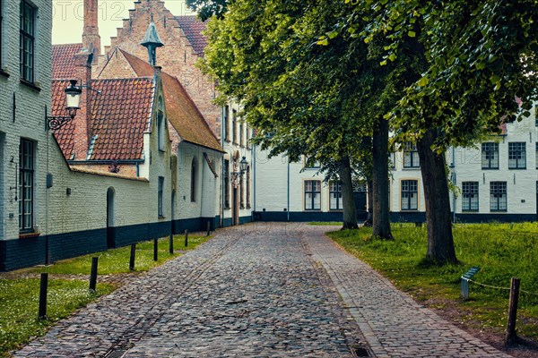 Old houses and garden of Begijnhof Beguinage in Bruges town