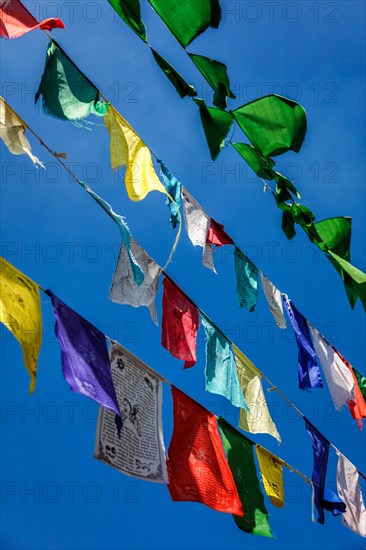 Buddhist prayer flags lungta with Om Mani Padme Hum Buddhist mantra prayer meaning Praise to the Jewel in the Lotus on kora around Tsuglagkhang complex. McLeod Ganj