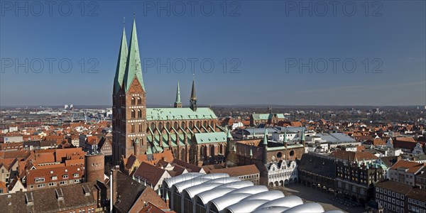 Bird's eye view of the old town with St. Mary's Church and striking roof of Peek and Cloppenburg