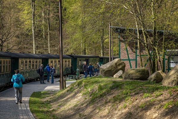 The historic railway Rasender Roland at the station Jagdschloss Granitz on the holiday island of Ruegen